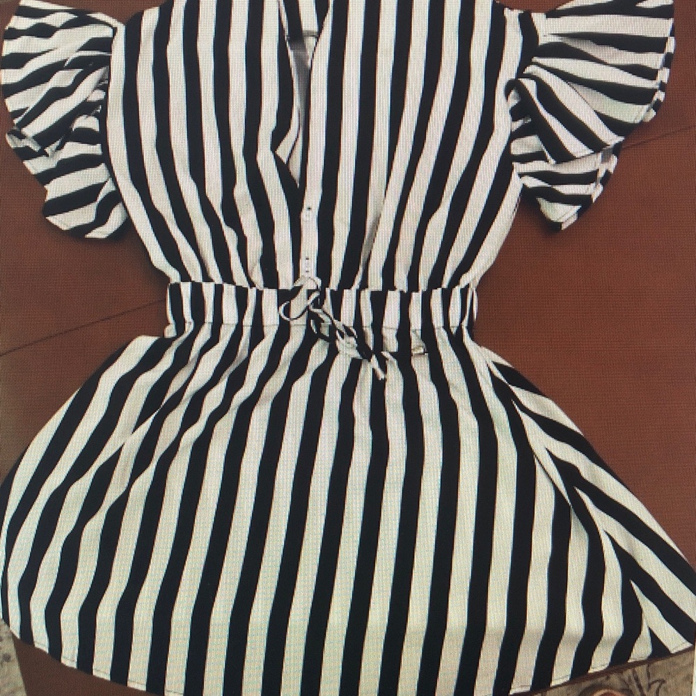 Girls Black & White Striped Short Sleeve Dress